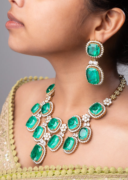 Green Doublet Stone Necklace Set in CZ and Polki Kundan Victorian Gold Polish 16-Inch Adjustable Links