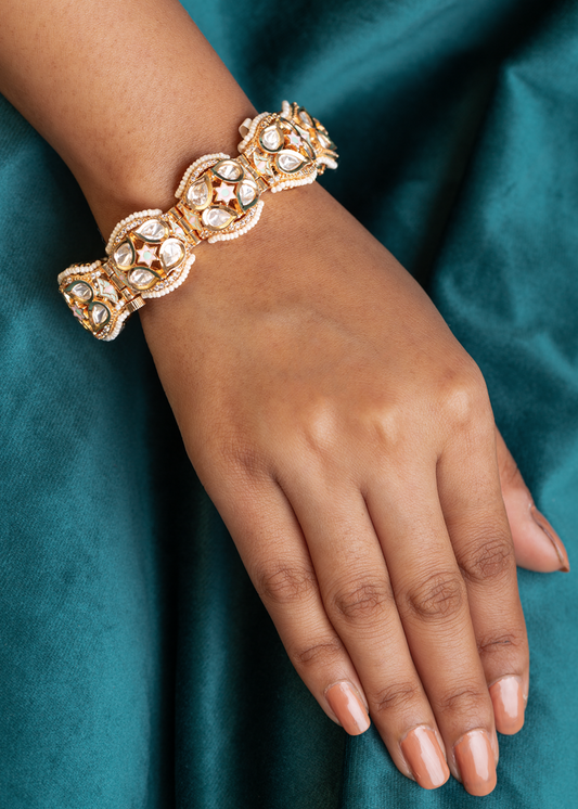 Polki Kundan Bracelet with Pastel Meena & Pearl Border Gold Polish 7.5-Inch Elegant Jewellery