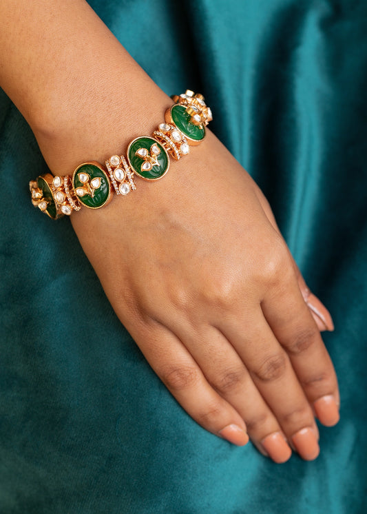 Polki Kundan Bracelet in Carved Green Stone with Cubic Zirconia Accents Gold Polish 7-Inch Elegant Jewellery