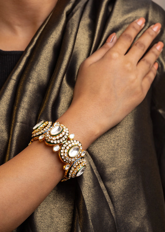 Contemporary Kundan Single Kada with Green Enamel Gold Polish Openable Size 2.4