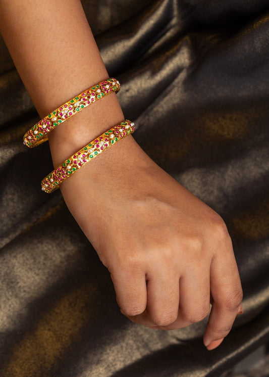Amritsari Bangles Set (2 Pc) with Flowery Perforated Design Gold Polish Non-Openable Sizes 2.4/2.6/2.8