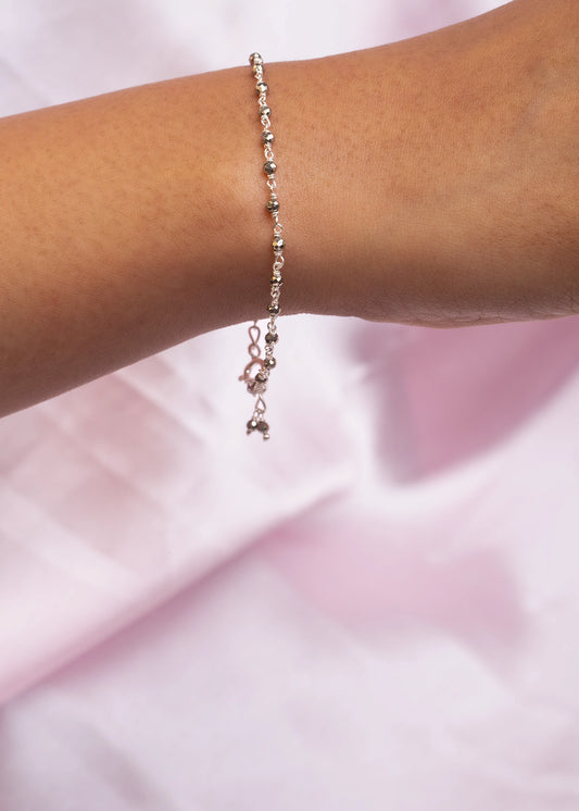 Pyrite Beads Bracelet Knotted in Silver Wire 7-Inch Adjustable Jewellery Handcrafted Elegant Bracelet