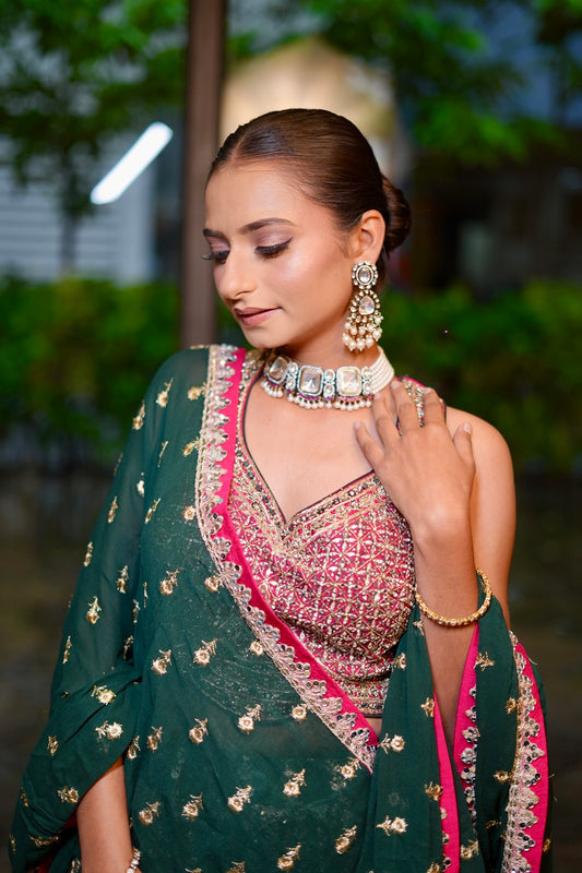 Rhodium Choker Necklace with Pink Stone & Pearl Adjustable Thread