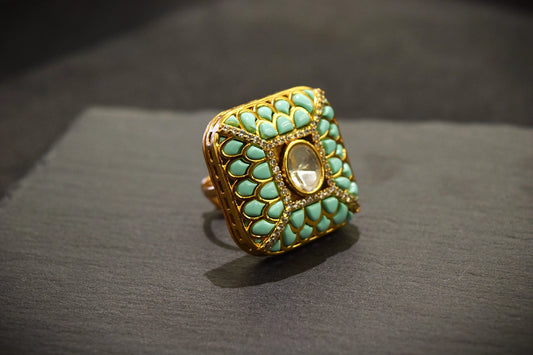 Kundan Ring with Diamond Accents & Sky Blue Stones Gold Polish Adjustable Size