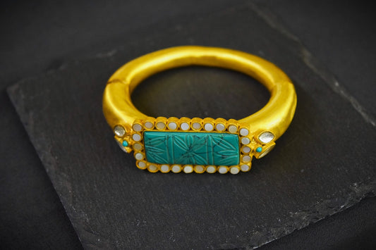 Carved Turquoise Stone Bracelet Matt Gold Polish Contemporary Design Openable Size 2.4