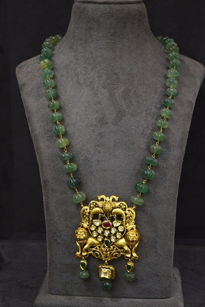 Kundan Jadau Tiger Pendant Necklace 28-Inch Adjustable Thread Carved Beads Gold Polish Traditional Jewellery