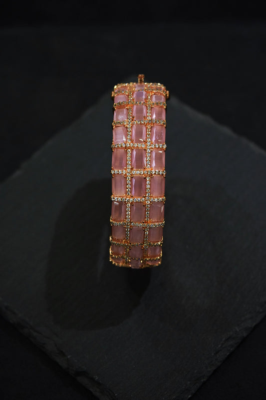 Single Pastel Pink Stone Kada with Cubic Zirconia Antique Rosegold Polish Openable Size 2.4