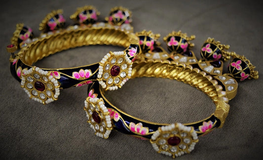 Jadau Kundan Bangles with Blue Enamel & Hanging Jhumkas Gold Polish Openable Size 2.4