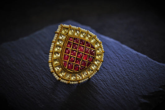 Kundan Ring with Pink Stones & White Moti Border Gold Finish Adjustable Size