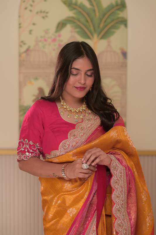 Gold Polish Choker Necklace with Pink Stone Adjustable Thread Elegant Statement Jewellery