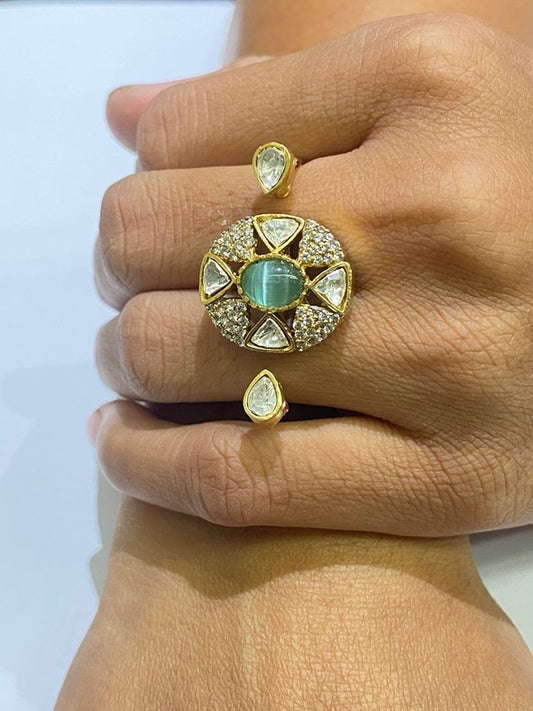 Double Finger Kundan Ring with Pastel Green & Pink Stones Matte Gold Finish Adjustable Size