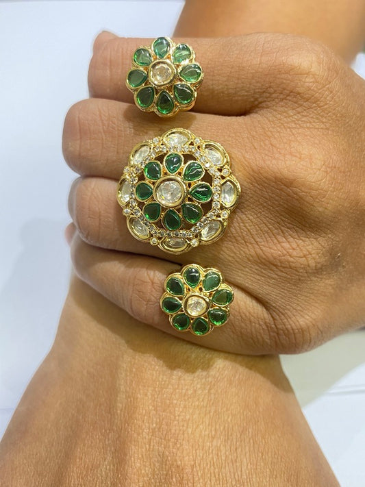 Double Finger Kundan Ring with Green & Pink Stones Gold Finish Adjustable Size