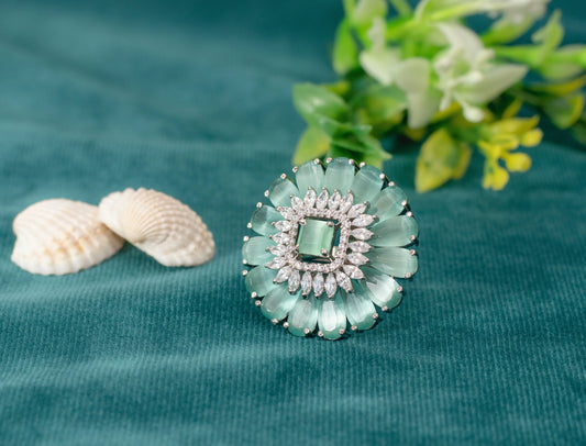 Cubic Zirconia Ring with Pastel Blue Stones White Rhodium Finish Adjustable Size