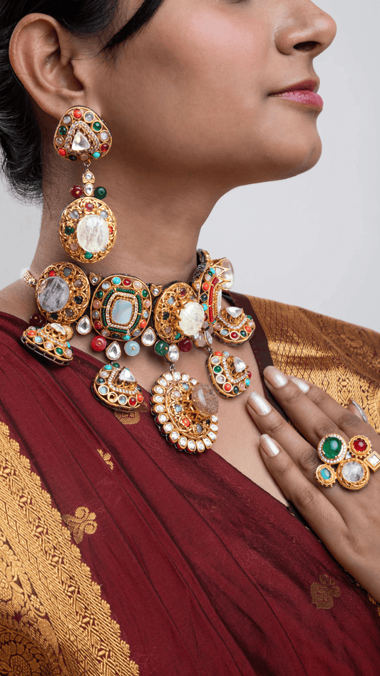 Indo-Western Choker Necklace with Multi-Colored Semi-Precious Stones Antique Gold Polish Adjustable Chain