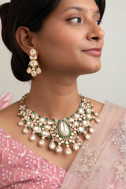 Bridal Kundan Necklace with Green Stone Matt Gold Polish 5-Inch Adjustable Chain
