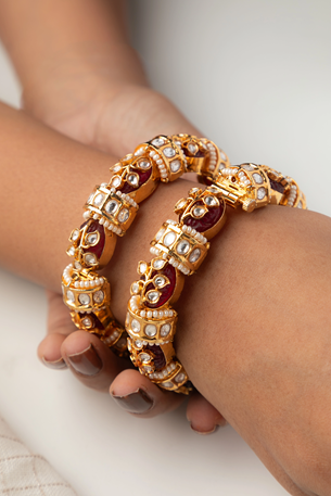 Contemporary Kundan Bangle with Maroon Stone Gold Finish Openable Sizes 2.4 & 2.6