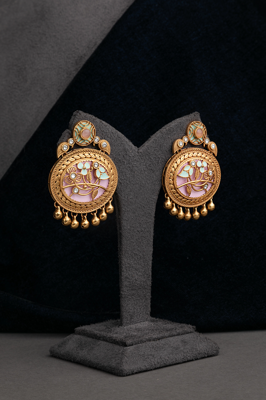 Indo-Western Long Necklace in Pastel Pink Enamel Matt Gold Polish 24-Inch Adjustable Chain