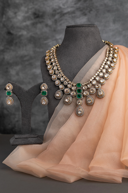 Indo-Western Kundan Long Necklace with Green Stones Victorian Gold Polish 20-Inch Adjustable Thread Perfect for Cocktail Parties