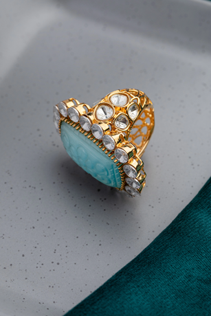 Kundan Ring with Monalisa & Pastel Blue Stones Gold Finish Adjustable Size