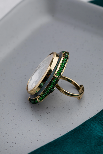 Big Kundan Ring in Indo-Western Style with Green Moti Victoria Gold Finish Adjustable Size
