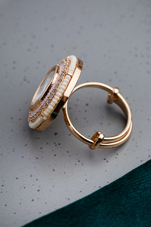 Kundan Ring with Pink Enamel & White Moti Border Gold Finish Adjustable Size