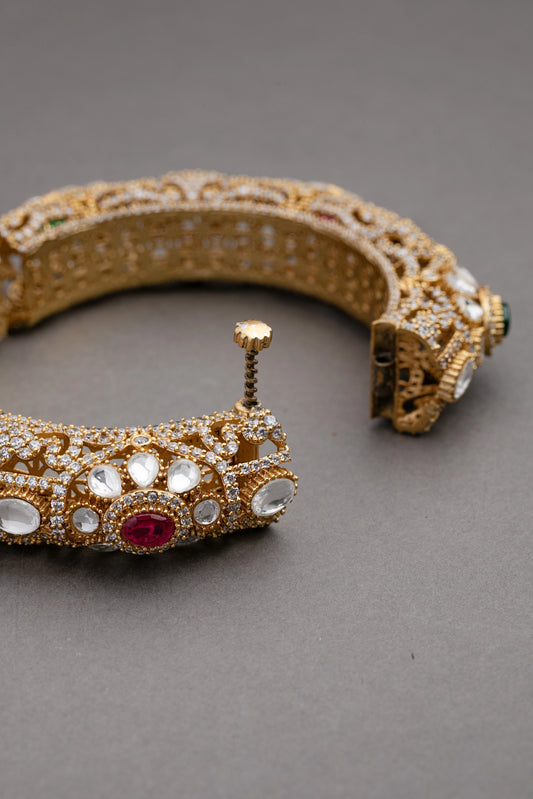 Contemporary Kundan Kada with Multicolored Stones Gold Polish Openable Size 2.6