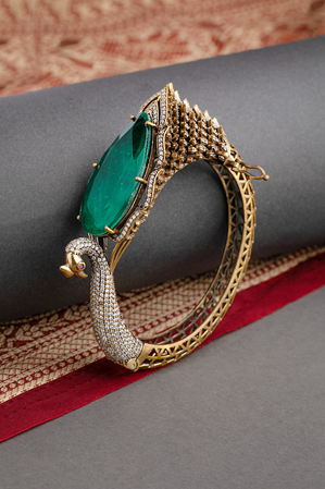 Contemporary Peacock Kundan Bangle with Green Stone Victorian Gold Finish Openable Size 2.4