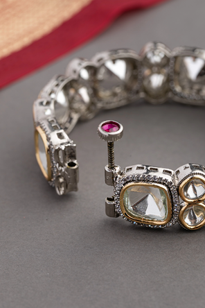 Contemporary Kundan Bangles Set (2 Pc) Silver Oxidized Gold Finish Openable Sizes 2.4 & 2.6