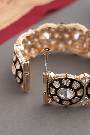 Kundan Bangles Set (2 Pc) with Green Enamel Gold Finish Openable Sizes 2.4 & 2.6