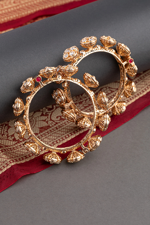 Kundan Bangles Set (2 Pc) with Gold Zircon Gold Polish Finish Openable Size 2.2