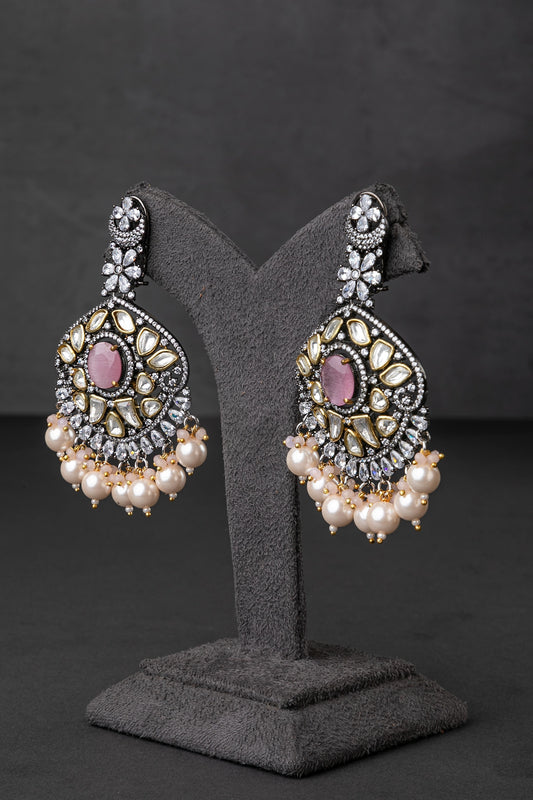 Cubic Zirconia Necklace in Black Rhodium with Pastel Pink Stone 18-Inch Adjustable Links Elegant Jewellery