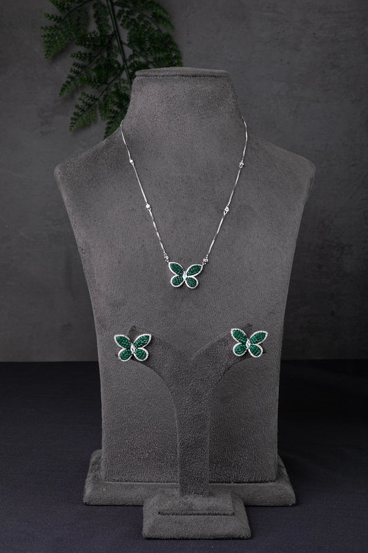 Cubic Zirconia Butterfly Pendant in Invisible Setting Green Stone White Rhodium Finish Adjustable 16-Inch Chain
