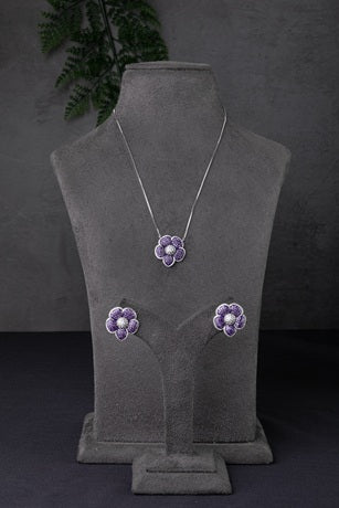 Cubic Zirconia Flower Pendant in Invisible Setting Purple Stone White Rhodium Finish Adjustable 16-Inch Chain