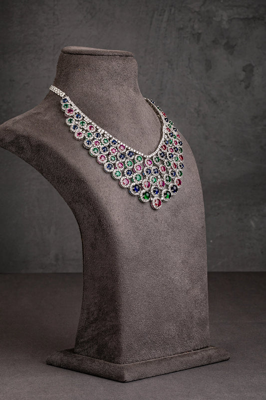 Vibrant Cubic Zirconia Jewellery Necklace in White Rhodium – Multicoloured 16-Inch Adjustable Necklace Luxury Jewellery for Women