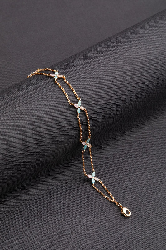 AD Flower Stone Charms Bracelet Gold Polish 7-Inch Elegant Multi-Coloured Jewellery