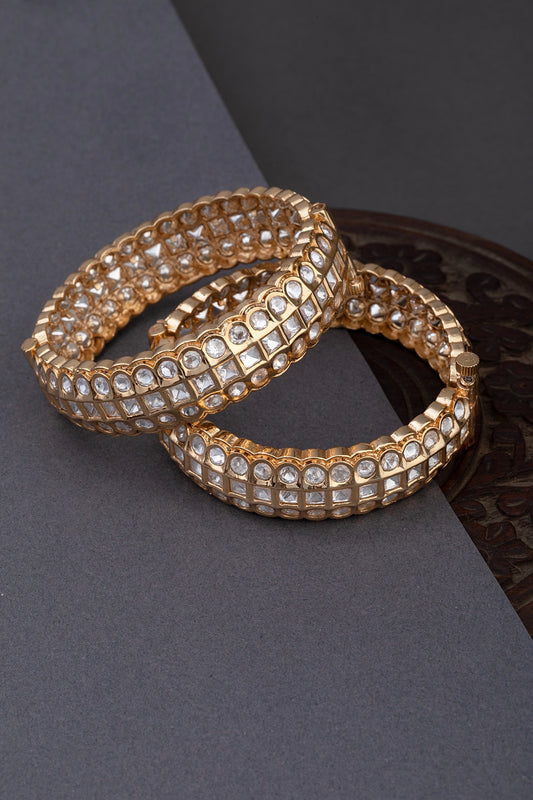 Classic White Uncut Kundan Bangles Gold Polish Openable Size 2.6