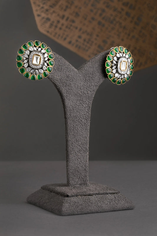 Hand Jadau Kundan Choker Pendant Multi-Layer Crystal Strings Black Rhodium Polish Green Stone