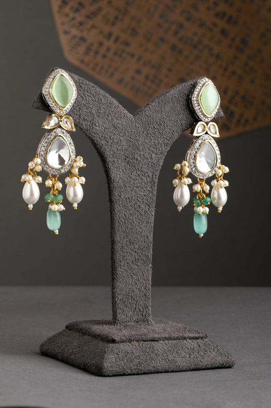 Fusion Choker in Diamonds & Jadau Kundan with Mint Green Beads White Rhodium & Gold Polish Adjustable Thread