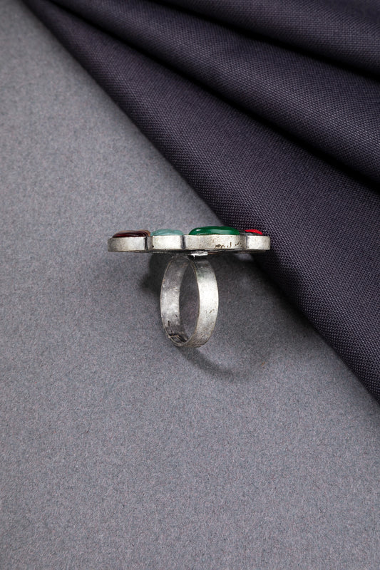 MOP Ring with Multicoloured Carved Stones Navgraha-Inspired Oxidised Silver Adjustable Size