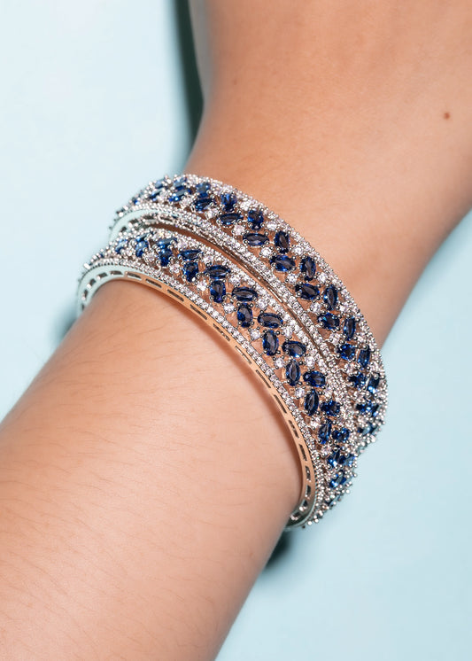 Navy Blue Cubic Zirconia Bangles with Lattice Design White Rhodium Finish Non-Openable Sizes 2.2/2.4/2.6/2.8