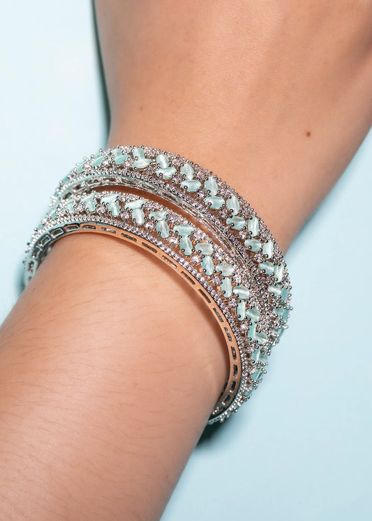 Mint Cubic Zirconia Bangles with Lattice Design White Rhodium Finish Non-Openable Sizes 2.2/2.4/2.6/2.8/2.10