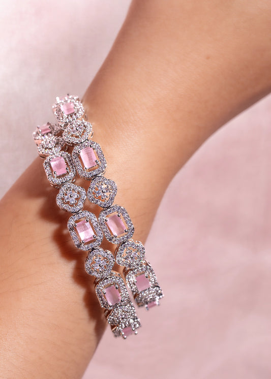 Pastel Pink Cubic Zirconia Bangles Set White Rhodium Polish Non-Openable Sizes 2.6 & 2.8