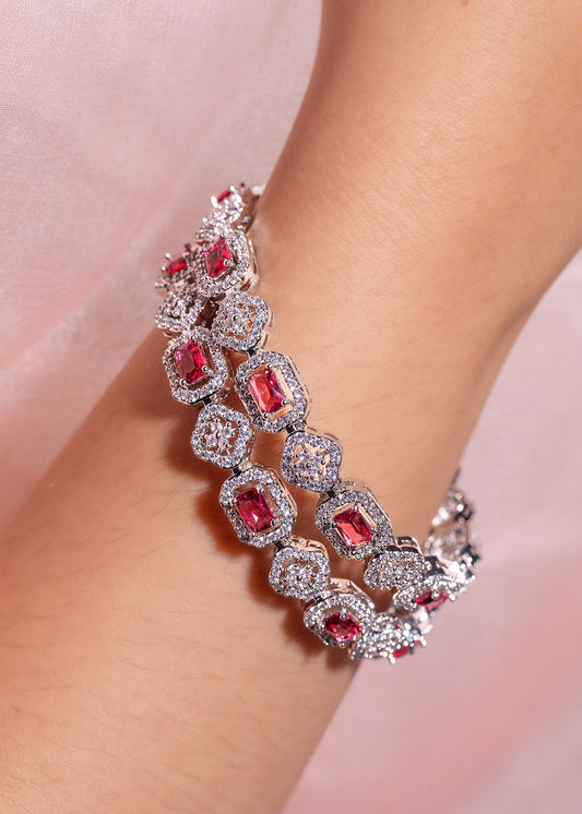 Pink Cubic Zirconia Bangles Set White Rhodium Polish Non-Openable Sizes 2.2/2.4/2.8/2.10