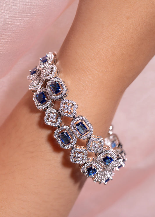 Blue Cubic Zirconia Bangles Set White Rhodium Polish Non-Openable Sizes 2.2/2.6/2.8/2.10