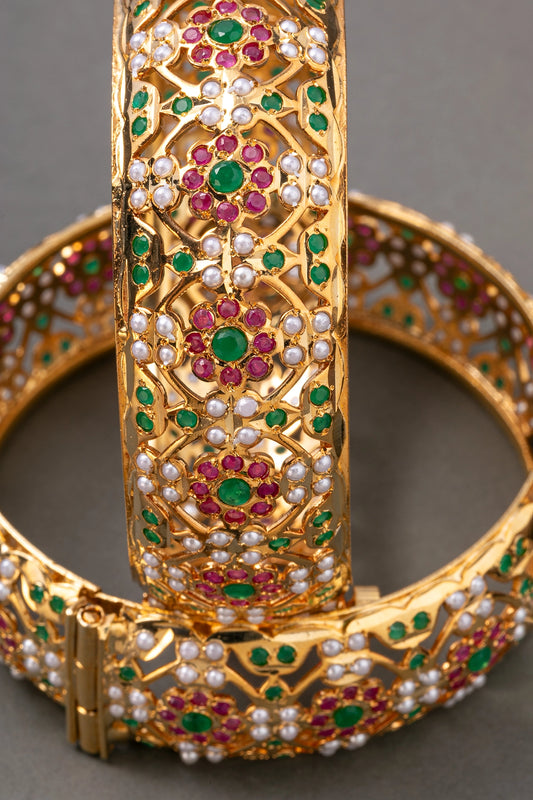 Amritsari Broad Kadas with Multicoloured Stones Gold Polish Openable Sizes 2.6/2.8