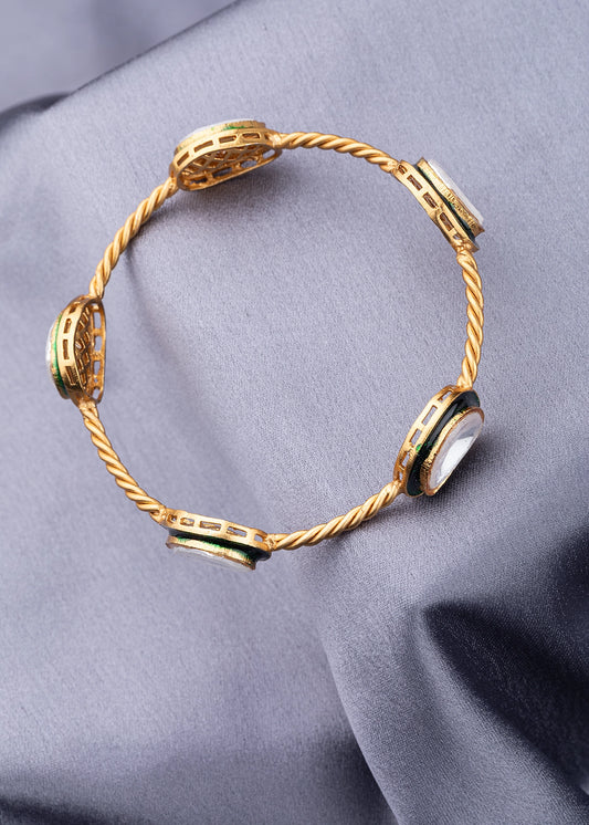 Contemporary Unshaped Kundan Bangle with Green Enameled Border Matt Gold Finish Non-Openable Size 2.4