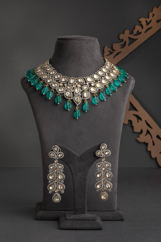 Indo-Western Kundan and Diamond Necklace with Sea Green Drops 16-Inch Adjustable Jewellery White Rhodium & Gold Polish