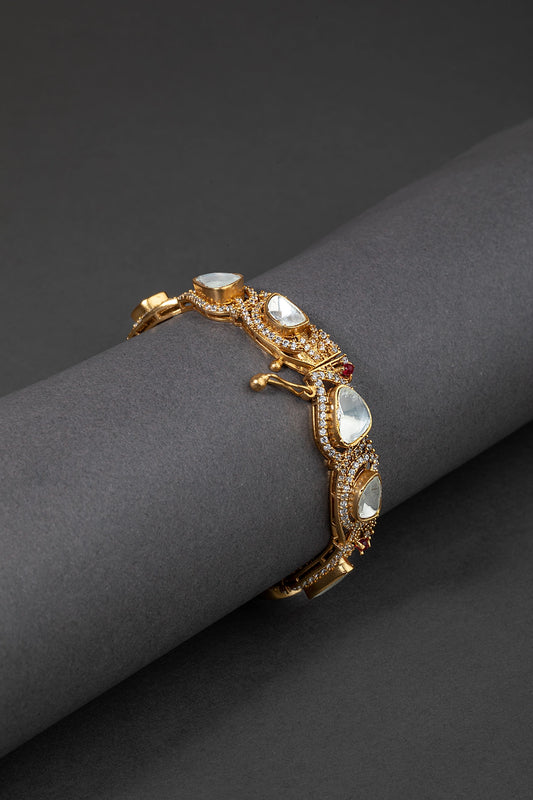 Unshaped Kundan Polki Dingle Kada with Cubic Zirconia Border Matt Gold Finish Openable Sizes 2.4 & 2.6