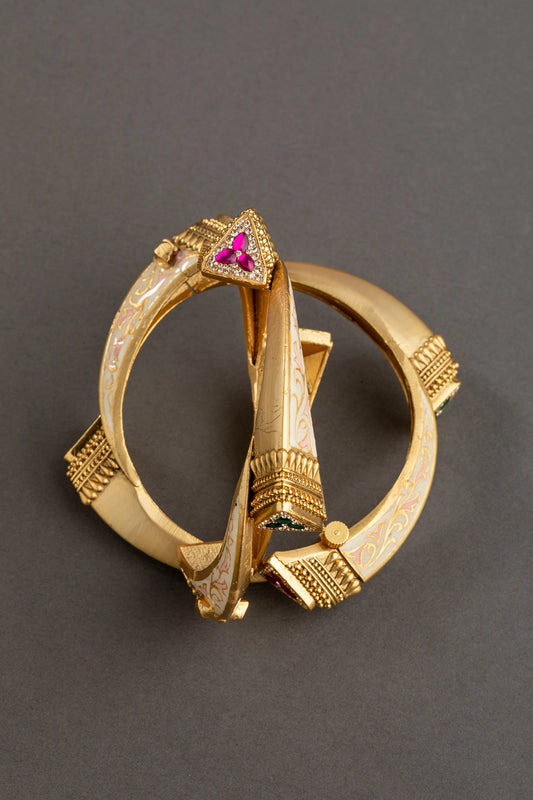 White & Pastel Pink Enameled Bangles Matt Gold Finish Openable Size 2.6