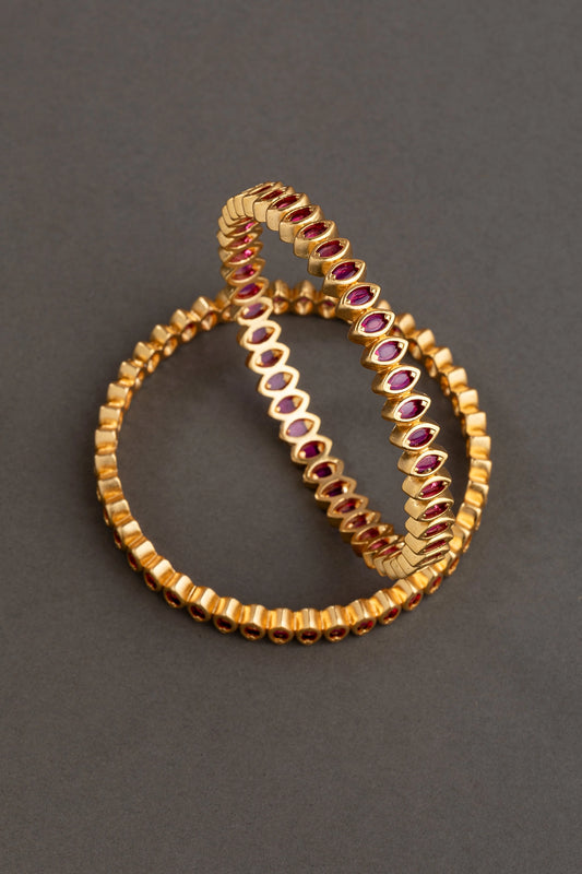 Temple Bangles with Maroon Stones Temple Gold Finish Non-Openable Size 2.4
